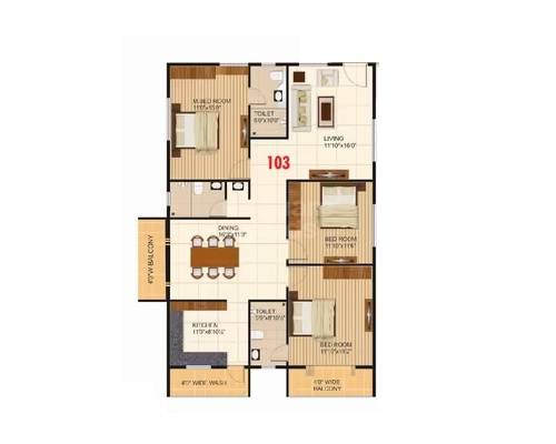 Floor plan of 3 BHK 1710 Sq. Ft. Apartment in Vaishno Ambaram, Bangalore