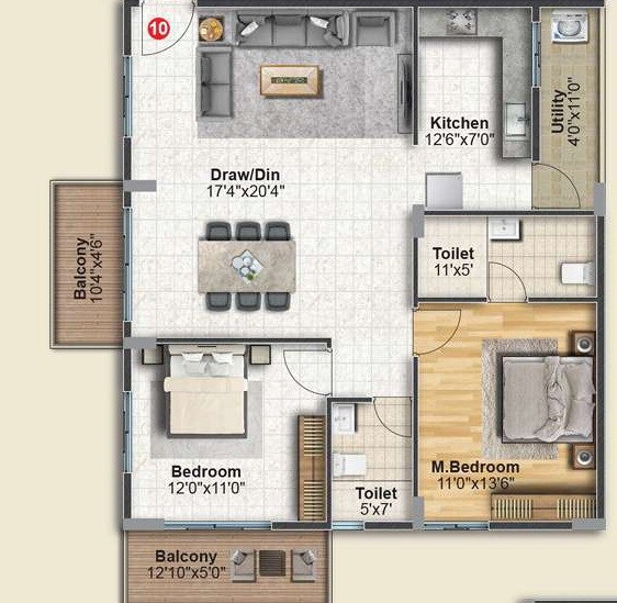 Floor plan of 2 BHK 1105 Sq. Ft. Apartment in Vaishno Excellency, Bangalore
