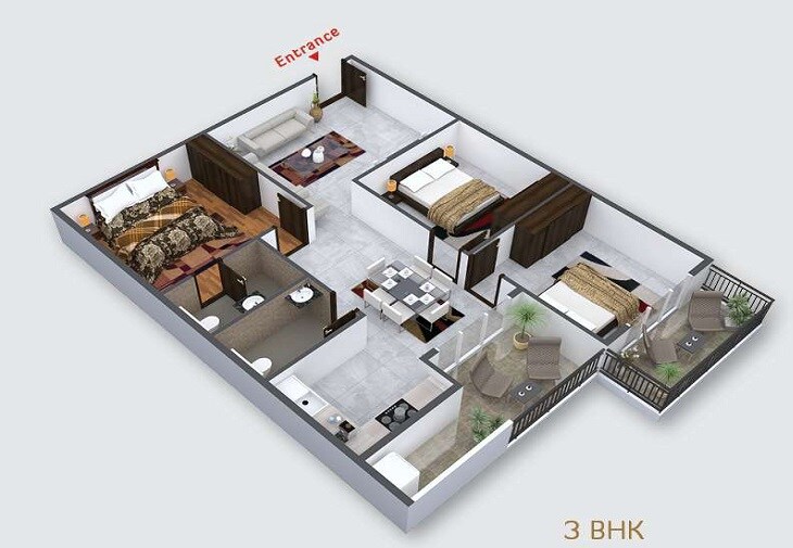 Floor plan of 3 BHK 1370 Sq. Ft. Apartment in Vaishno Excellency, Bangalore