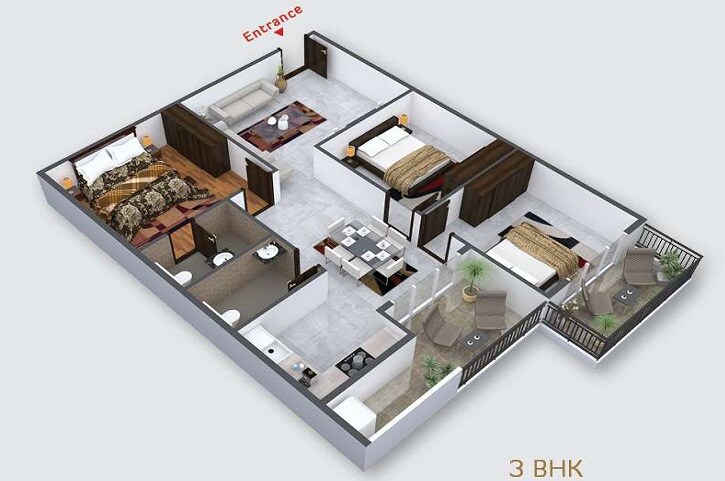 Floor plan of 3 BHK 1570 Sq. Ft. Apartment in Vaishno Excellency, Bangalore