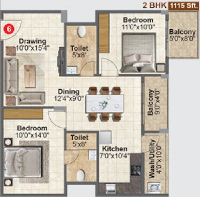 Floor plan of 2 BHK 1115 Sq. Ft. Apartment in Vaishno Lotus, Bangalore
