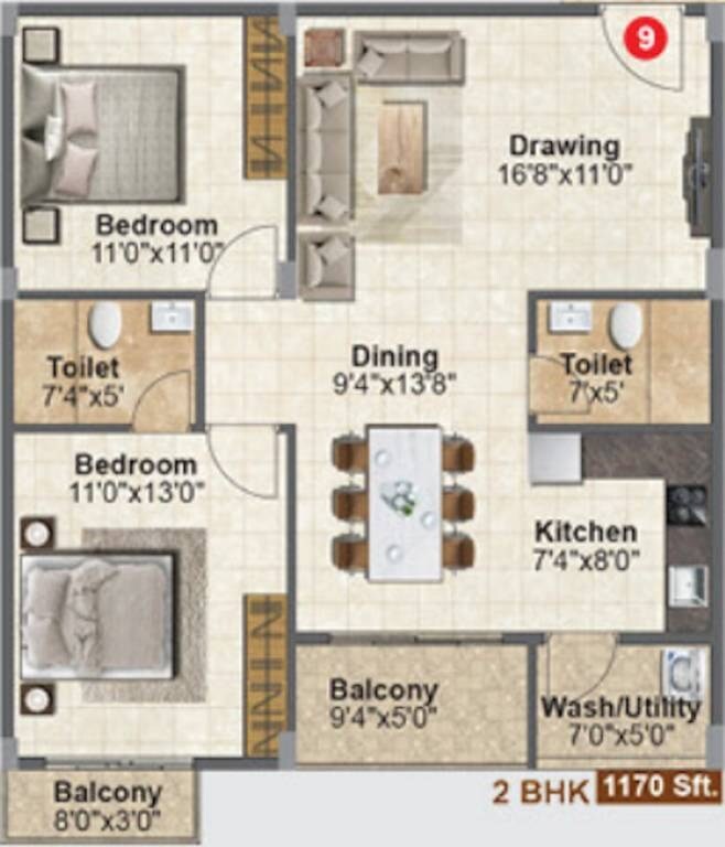 Floor plan of 2 BHK 1170 Sq. Ft. Apartment in Vaishno Lotus, Bangalore