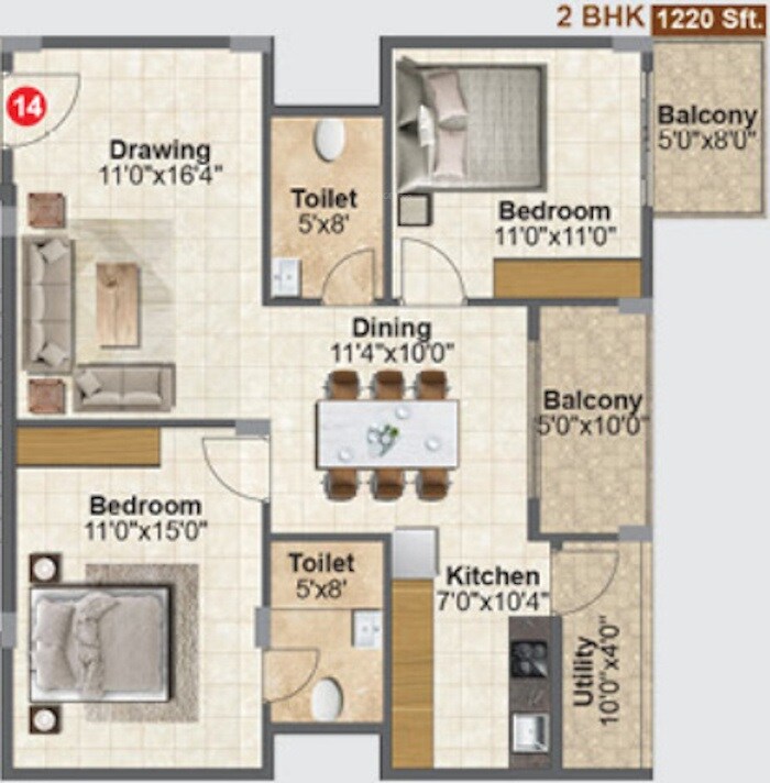 Floor plan of 2 BHK 1220 Sq. Ft. Apartment in Vaishno Lotus, Bangalore