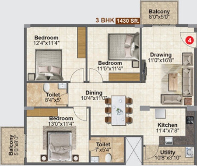 Floor plan of 3 BHK 1430 Sq. Ft. Apartment in Vaishno Lotus, Bangalore
