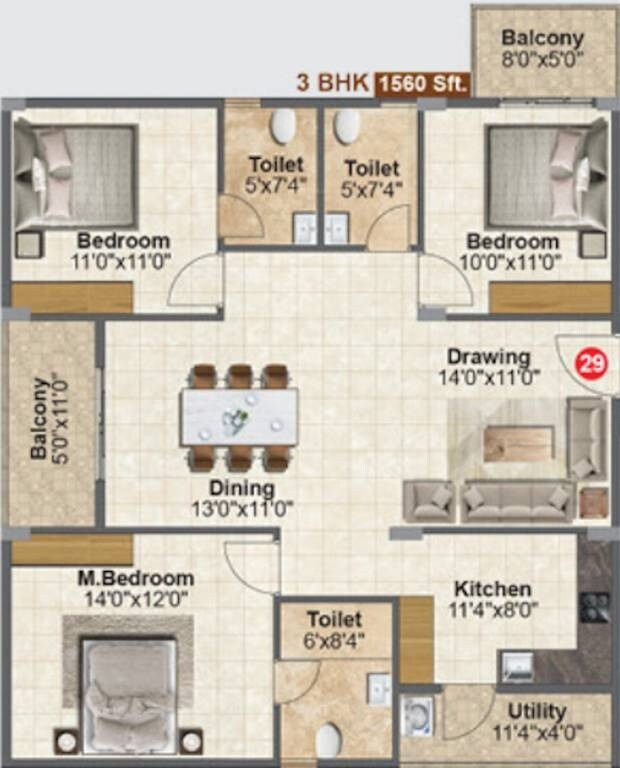 Floor plan of 3 BHK 1560 Sq. Ft. Apartment in Vaishno Lotus, Bangalore