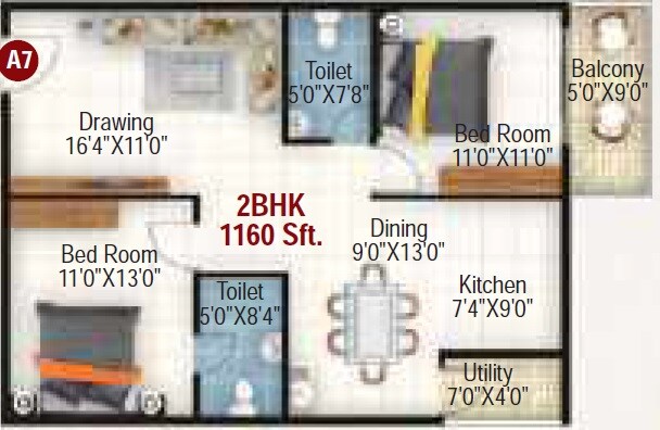 Floor plan of 2 BHK 1160 Sq. Ft. Apartment in Vaishno Palash, Bangalore