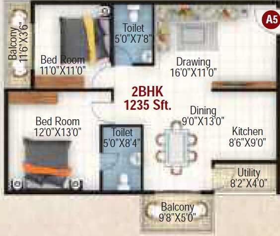Floor plan of 2 BHK 1235 Sq. Ft. Apartment in Vaishno Palash, Bangalore