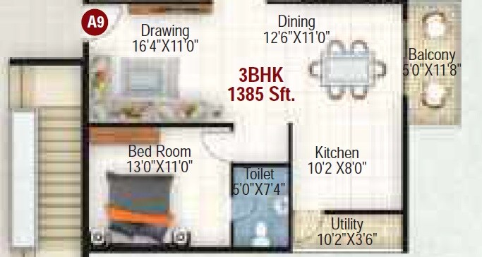 Floor plan of 3 BHK 1385 Sq. Ft. Apartment in Vaishno Palash, Bangalore