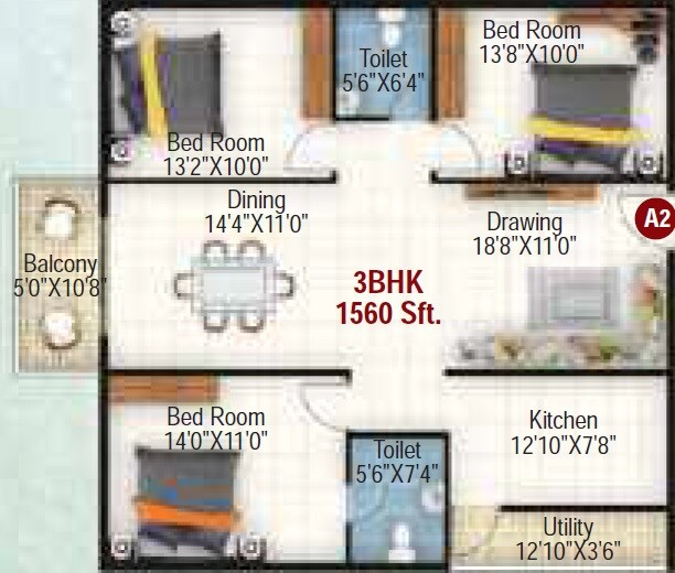 Floor plan of 3 BHK 1560 Sq. Ft. Apartment in Vaishno Palash, Bangalore