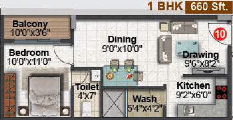 Floor plan of 1 BHK 660 Sq. Ft. Apartment in Vaishno Seasons, Bangalore