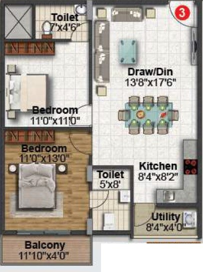 Floor plan of 2 BHK 1055 Sq. Ft. Apartment in Vaishno Seasons, Bangalore