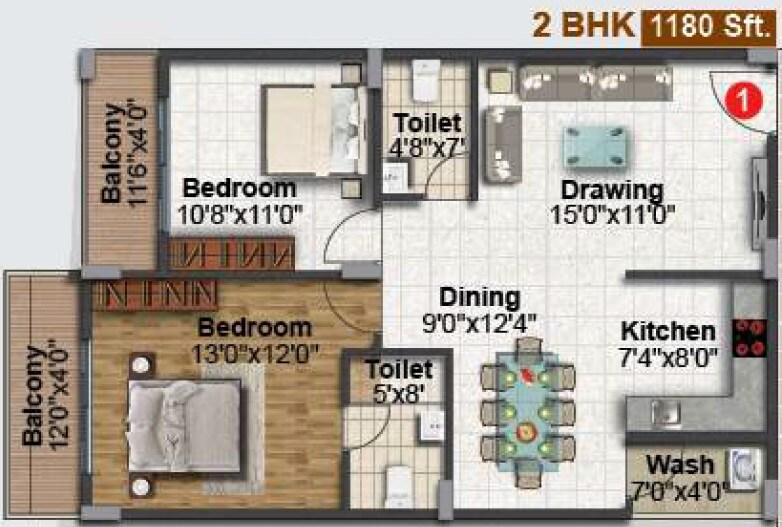 Floor plan of 2 BHK 1180 Sq. Ft. Apartment in Vaishno Seasons, Bangalore