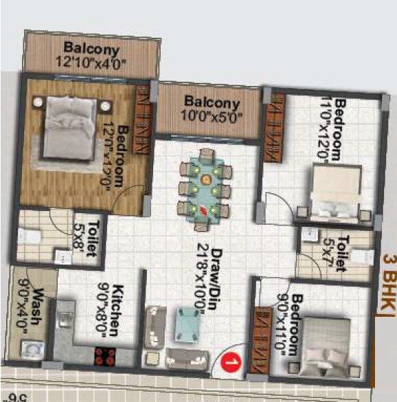 Floor plan of 3 BHK 1230 Sq. Ft. Apartment in Vaishno Seasons, Bangalore