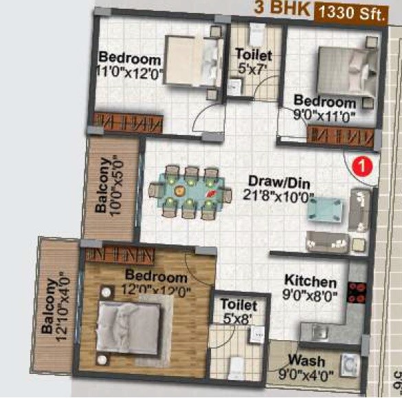 Floor plan of 3 BHK 1330 Sq. Ft. Apartment in Vaishno Seasons, Bangalore