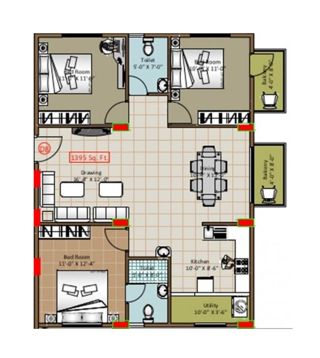 Floor plan of 2 BHK 1395 Sq. Ft. Apartment in Vaishno Signature, Bangalore