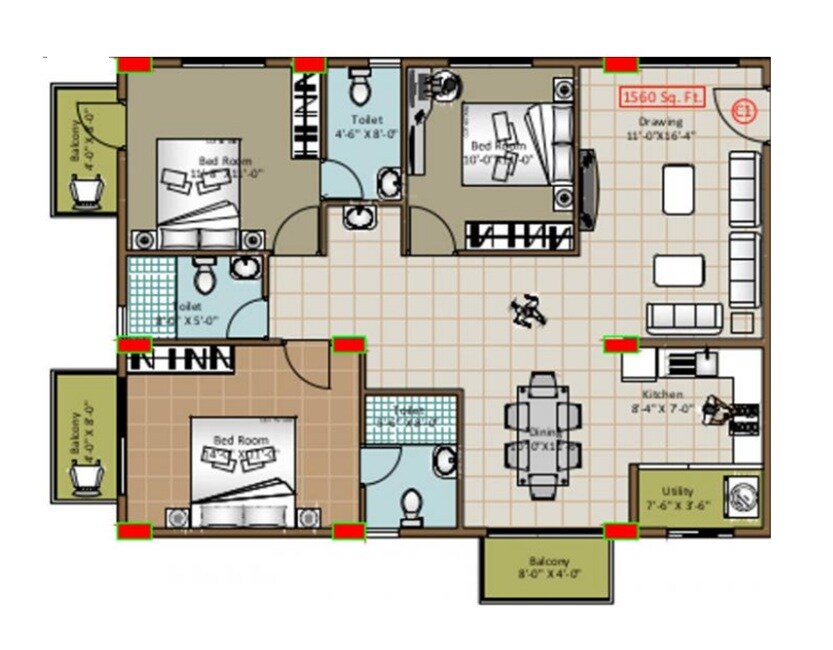 Floor plan of 3 BHK 1560 Sq. Ft. Apartment in Vaishno Signature, Bangalore