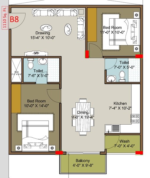 Floor plan of 2 BHK 1110 Sq. Ft. Apartment in Vaishno Silver Bells, Bangalore