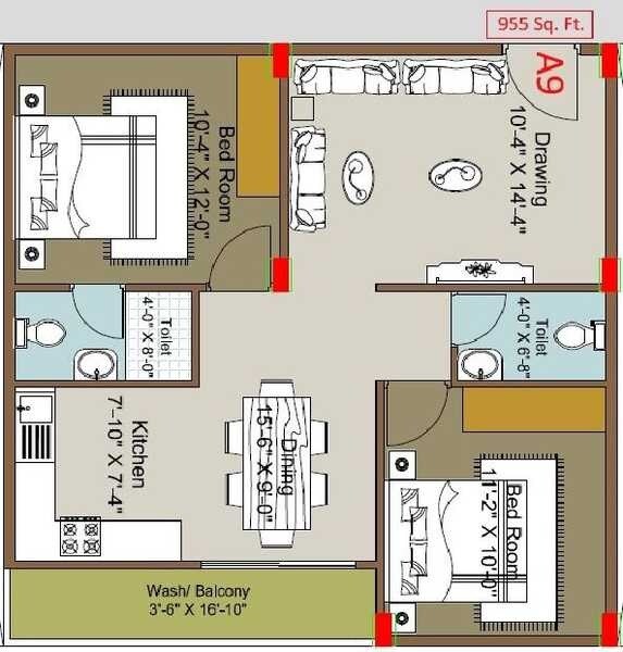 Floor plan of 2 BHK 955 Sq. Ft. Apartment in Vaishno Silver Bells, Bangalore