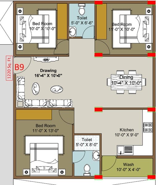 Floor plan of 3 BHK 1220 Sq. Ft. Apartment in Vaishno Silver Bells, Bangalore