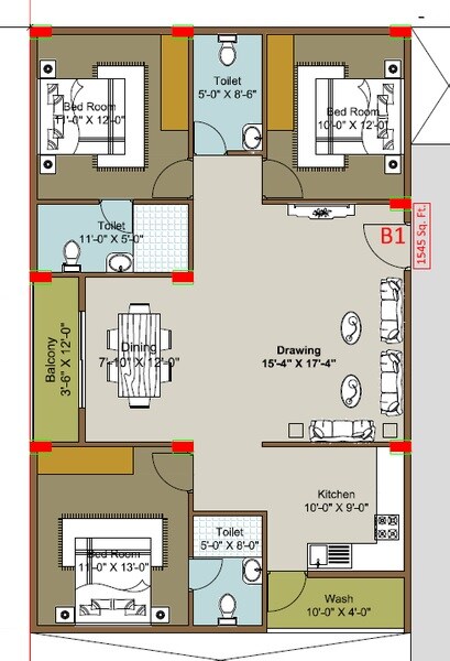 Floor plan of 3 BHK 1545 Sq. Ft. Apartment in Vaishno Silver Bells, Bangalore