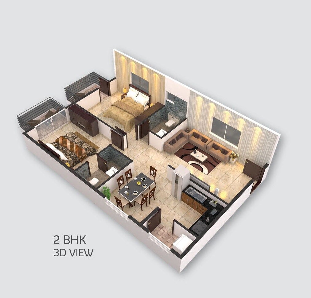 Floor plan of 2 BHK 1080 Sq. Ft. Apartment in Vaishno Solitaire, Bangalore