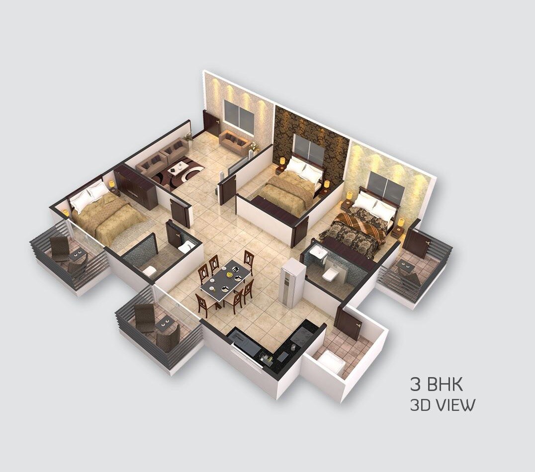 Floor plan of 3 BHK 1535 Sq. Ft. Apartment in Vaishno Solitaire, Bangalore