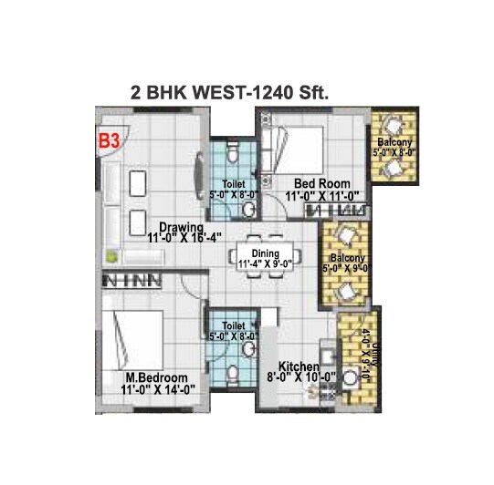 Floor plan of 2 BHK 1240 Sq. Ft. Apartment in Vaishno Spark, Bangalore