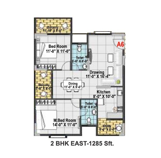 Floor plan of 2 BHK 1285 Sq. Ft. Apartment in Vaishno Spark, Bangalore