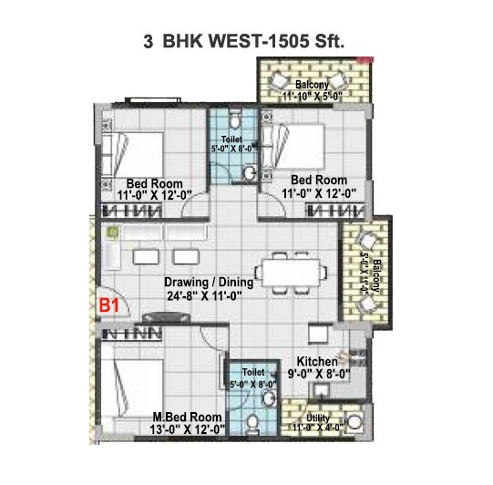 Floor plan of 3 BHK 1505 Sq. Ft. Apartment in Vaishno Spark, Bangalore