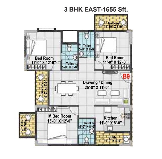 Floor plan of 3 BHK 1655 Sq. Ft. Apartment in Vaishno Spark, Bangalore