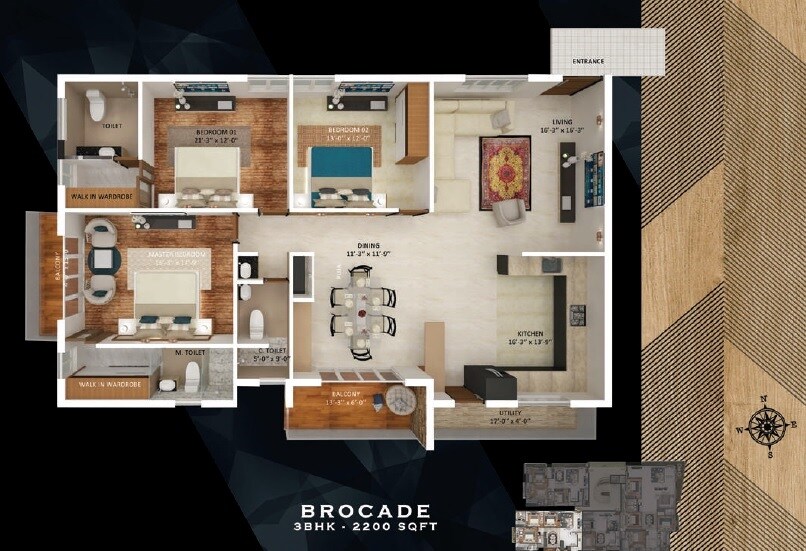 Floor plan of 3 BHK 2200 Sq. Ft. Apartment in Vaishnodevi L Opulence, Bangalore