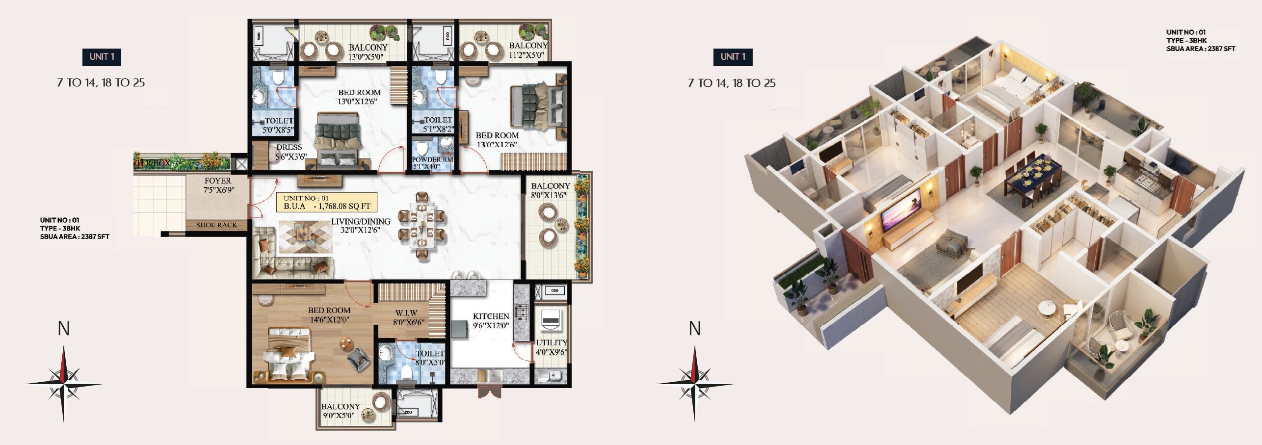 Floor plan of 3 BHK 2387 Sq. Ft. Apartment in Vaishnodevi Melange One, Bangalore