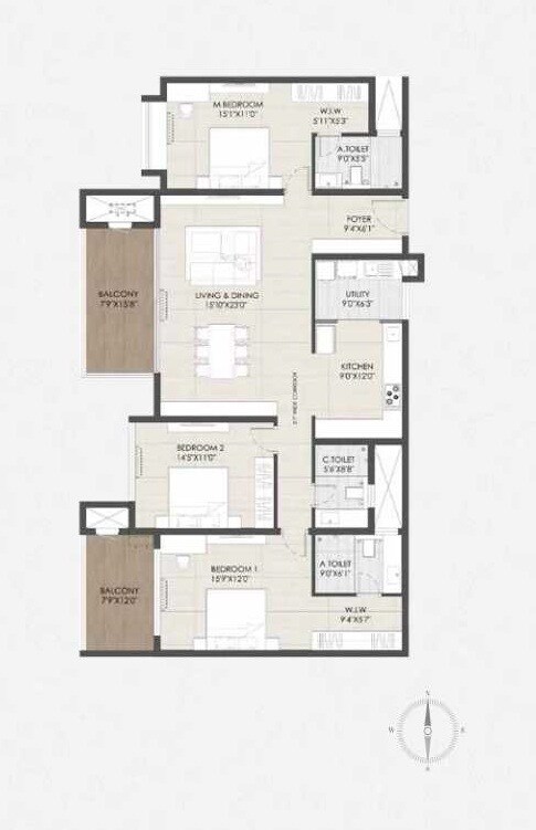 Floor plan of 3 BHK 2263 Sq. Ft. Apartment in Vajram Chrysanthemum, Bangalore