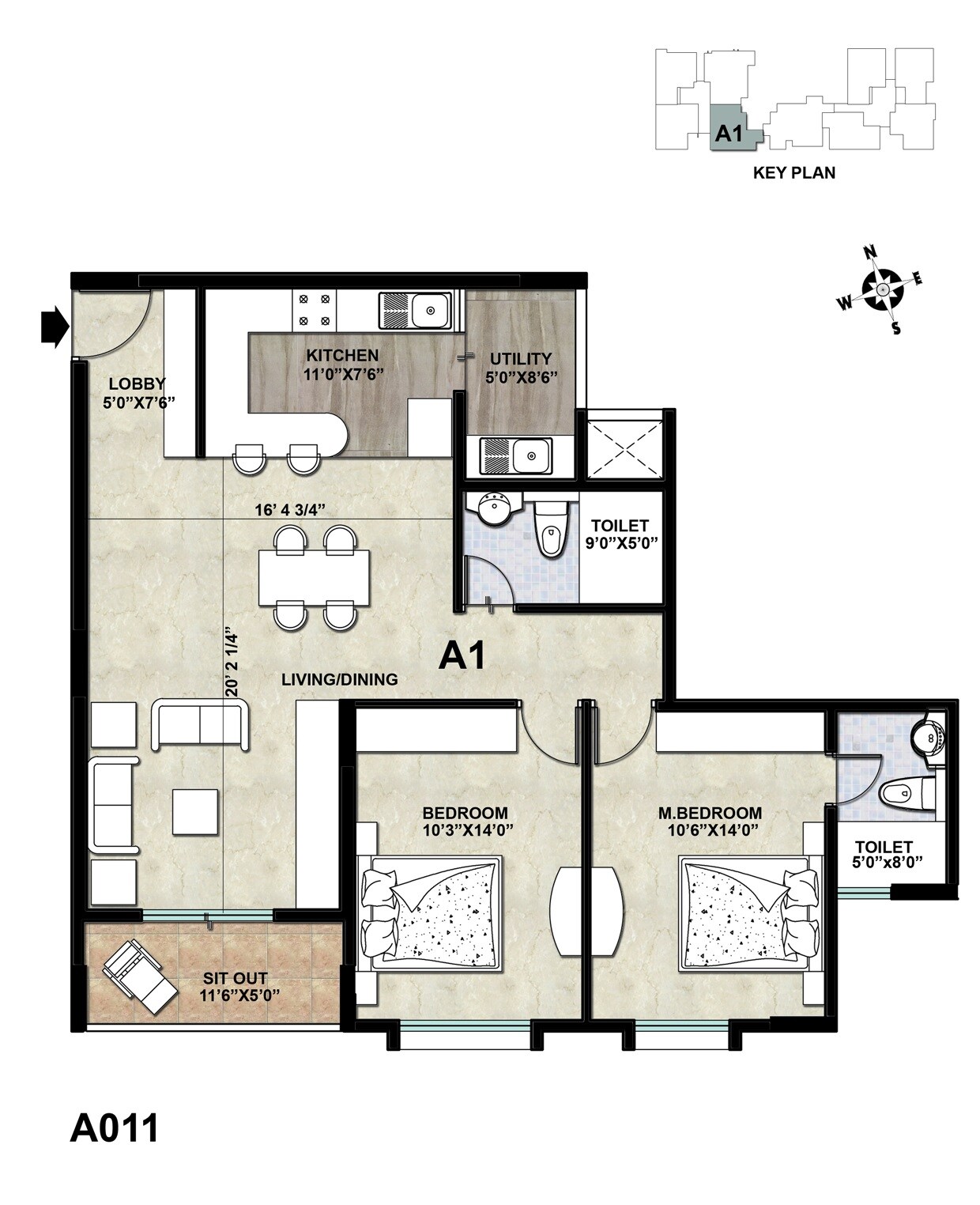 Floor plan of 2 BHK 1119 Sq. Ft. Apartment in Vajram Elina, Bangalore