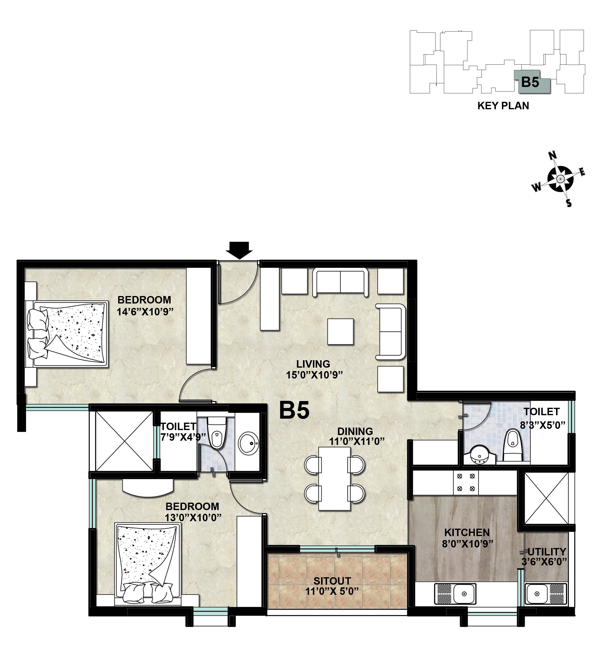 Floor plan of 2 BHK 1229 Sq. Ft. Apartment in Vajram Elina, Bangalore