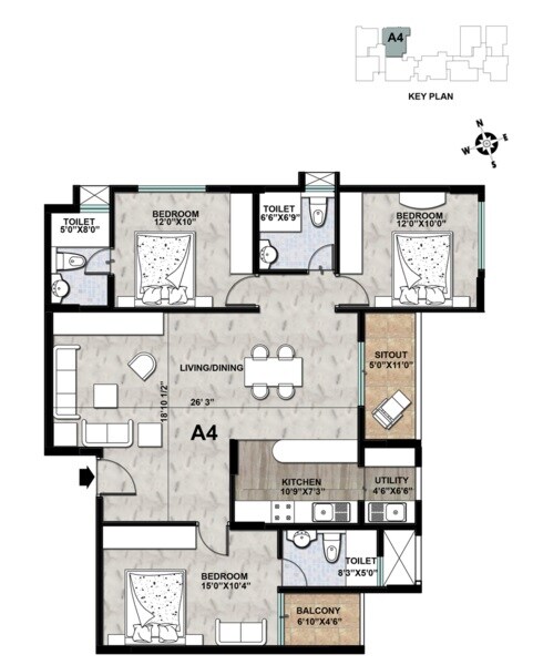 Floor plan of 3 BHK 1464 Sq. Ft. Apartment in Vajram Elina, Bangalore