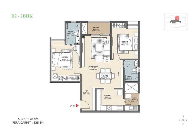Floor plan of 2 BHK 1178 Sq. Ft. Apartment in Vajram Newtown, Bangalore