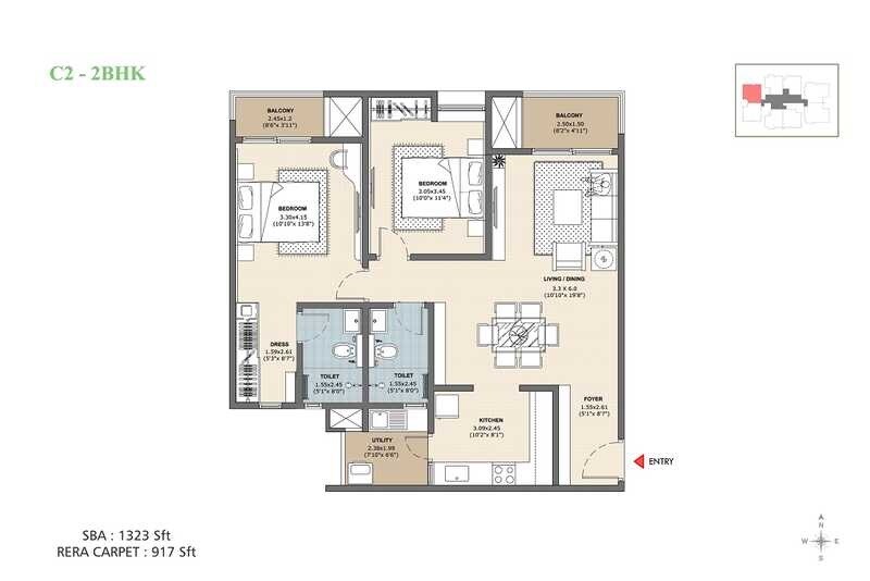 Floor plan of 2 BHK 1323 Sq. Ft. Apartment in Vajram Newtown, Bangalore