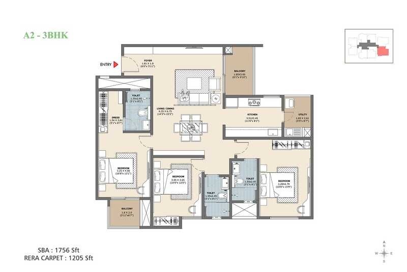 Floor plan of 3 BHK 1756 Sq. Ft. Apartment in Vajram Newtown, Bangalore