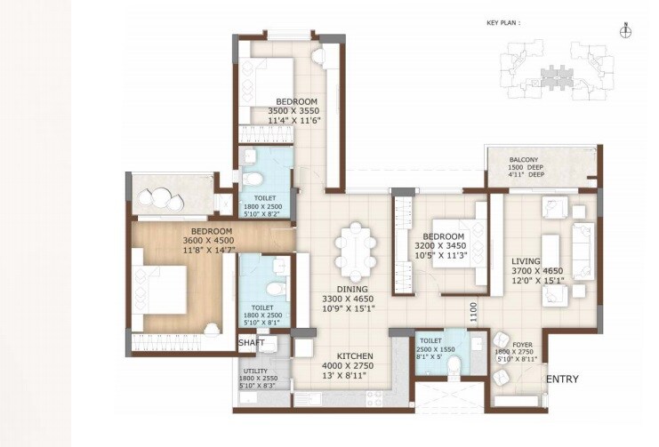 Floor plan of 3 BHK 2661 Sq. Ft. Apartment in Vajram Tiara, Bangalore