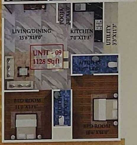 Floor plan of 2 BHK 1128 Sq. Ft. Apartment in Vallabha Jaganath SKN, Bangalore