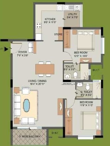 Floor plan of 2 BHK 1218 Sq. Ft. Apartment in Valmark Ananda, Bangalore
