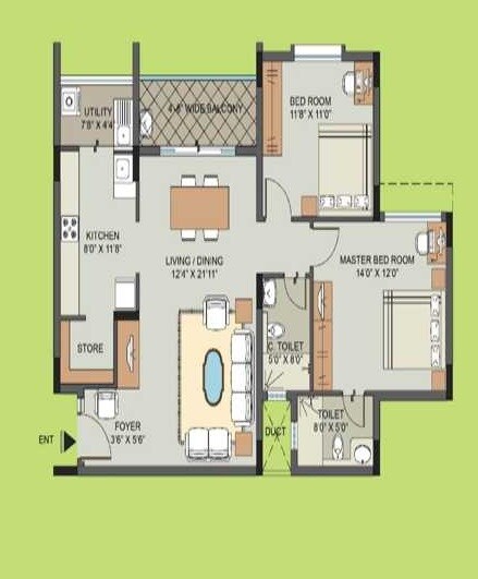 Floor plan of 2 BHK 1256 Sq. Ft. Apartment in Valmark Ananda, Bangalore