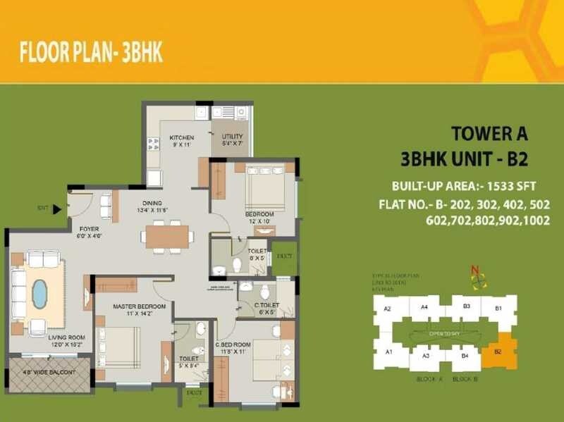 Floor plan of 3 BHK 1533 Sq. Ft. Apartment in Valmark Ananda, Bangalore