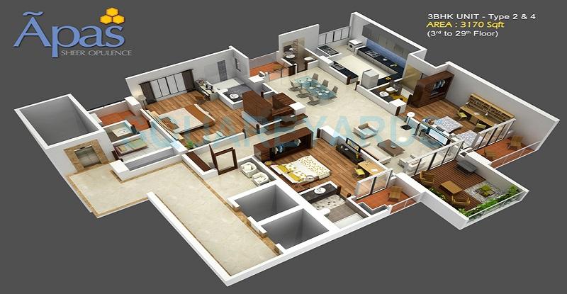 Floor plan of 3 BHK 3170 Sq. Ft. Apartment in Valmark Apas, Bangalore