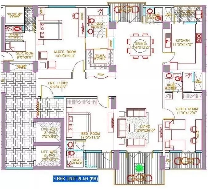 Floor plan of 3 BHK 3250 Sq. Ft. Apartment in Valmark Apas, Bangalore