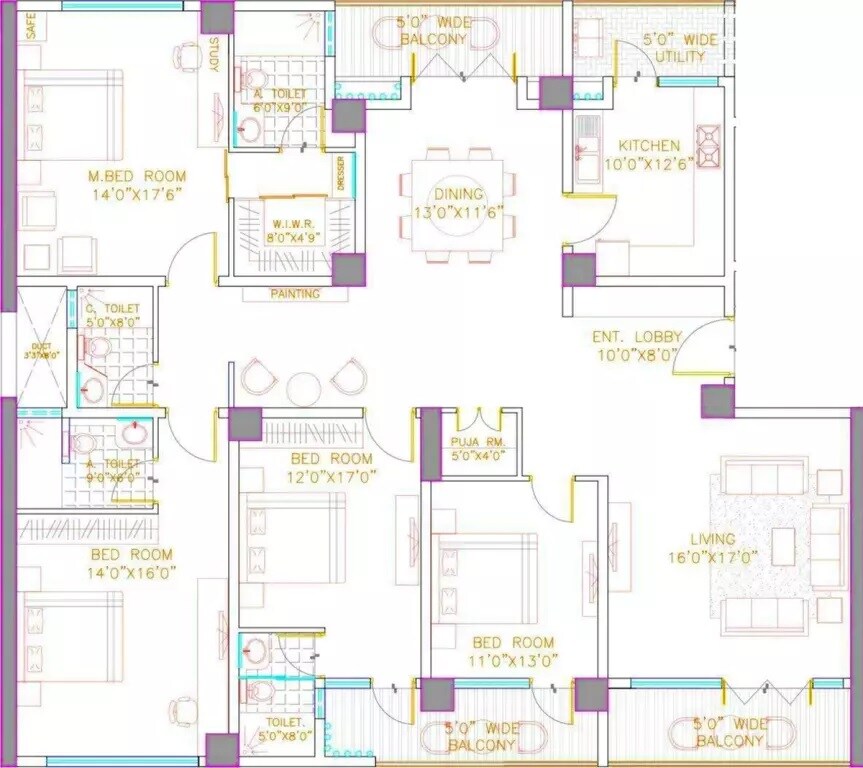 Floor plan of 4 BHK 3500 Sq. Ft. Apartment in Valmark Apas, Bangalore