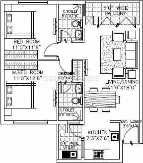 Floor plan of 2 BHK 1026 Sq. Ft. Apartment in Valmark Orchard Square, Bangalore