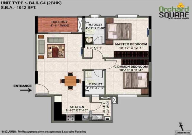Floor plan of 2 BHK 1042 Sq. Ft. Apartment in Valmark Orchard Square, Bangalore
