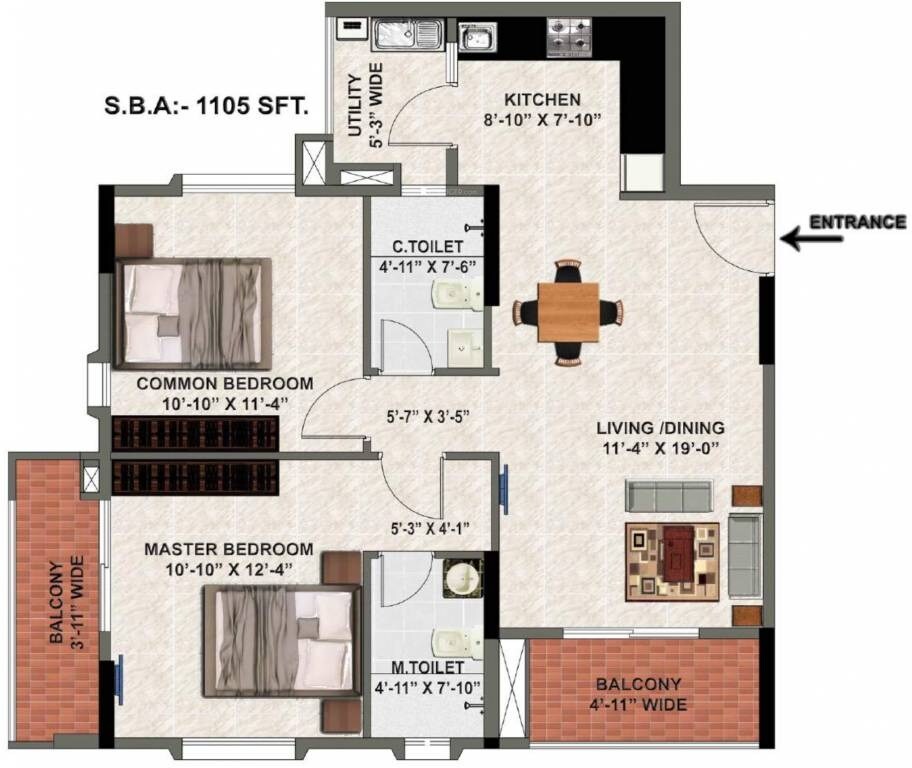 Floor plan of 2 BHK 1105 Sq. Ft. Apartment in Valmark Orchard Square, Bangalore